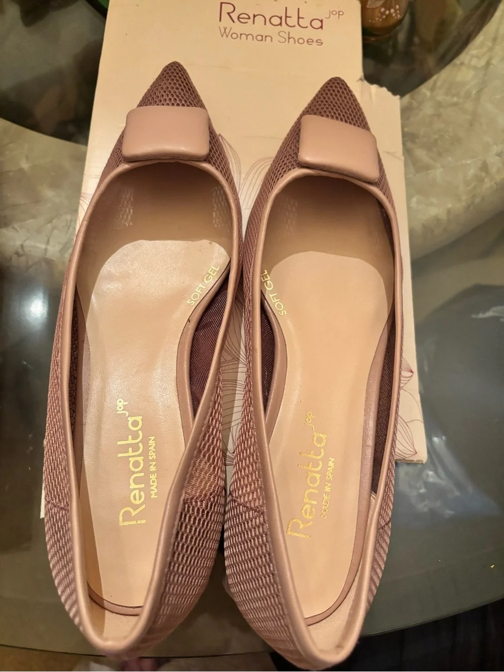 Blush Pink Pointed Toe Flats with Decorative Square Accent